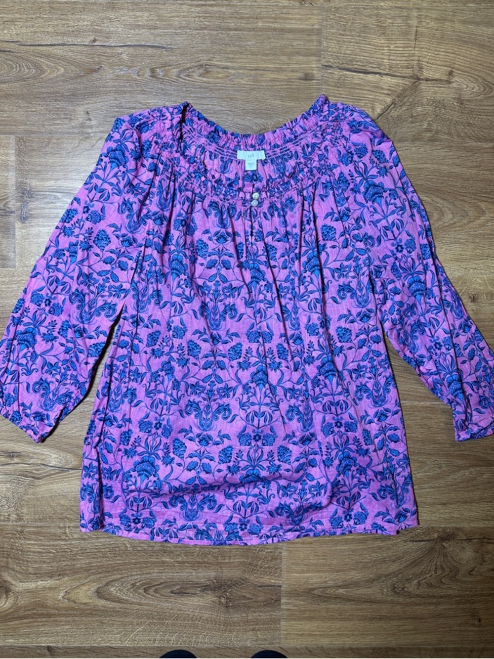 J. Jill Pink 100% Cotton 3/4 Sleeve with Blue Floral Print Small